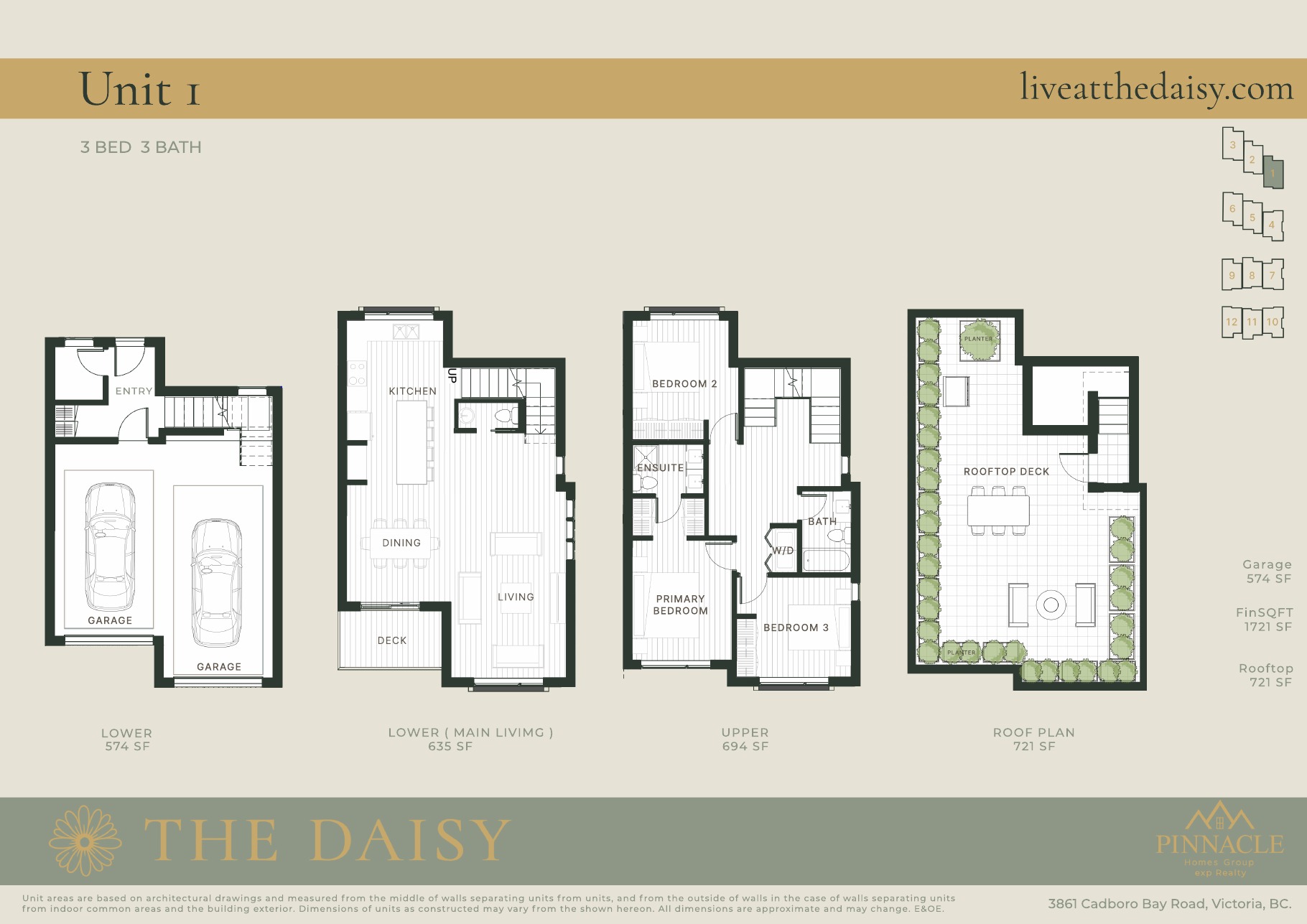 Unit 1 floorplan, three bedrooms across four levels
