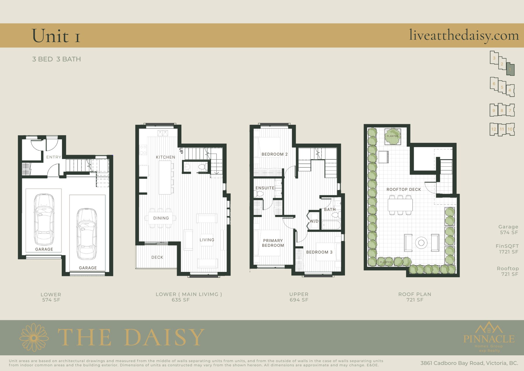 Unit 1 floorplan, three bedrooms across four levels
