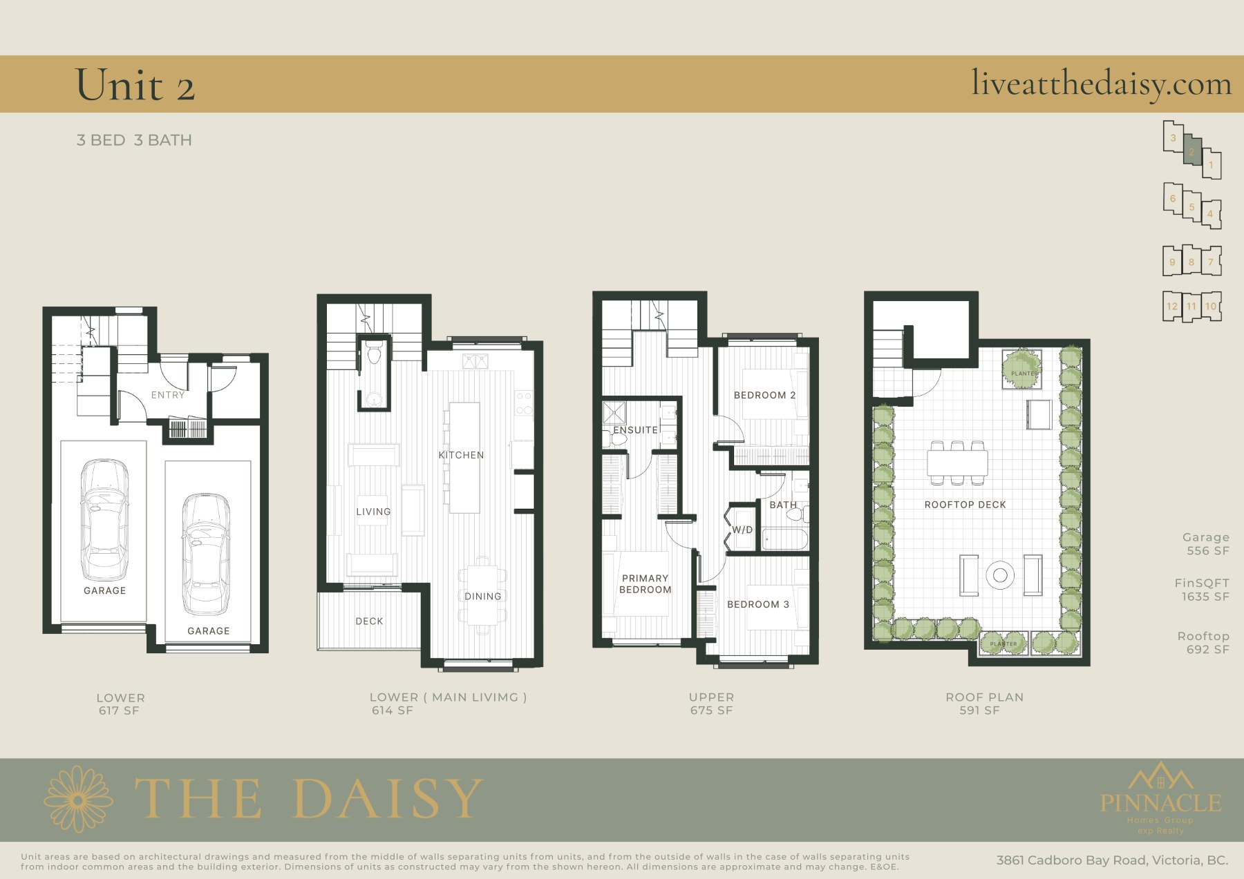 Unit 2 floorplan, three bedrooms across four levels