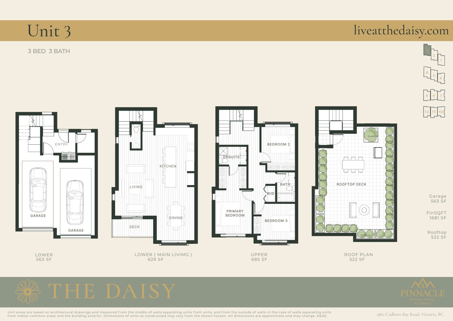 Unit 3 floorplan, three bedrooms across four levels