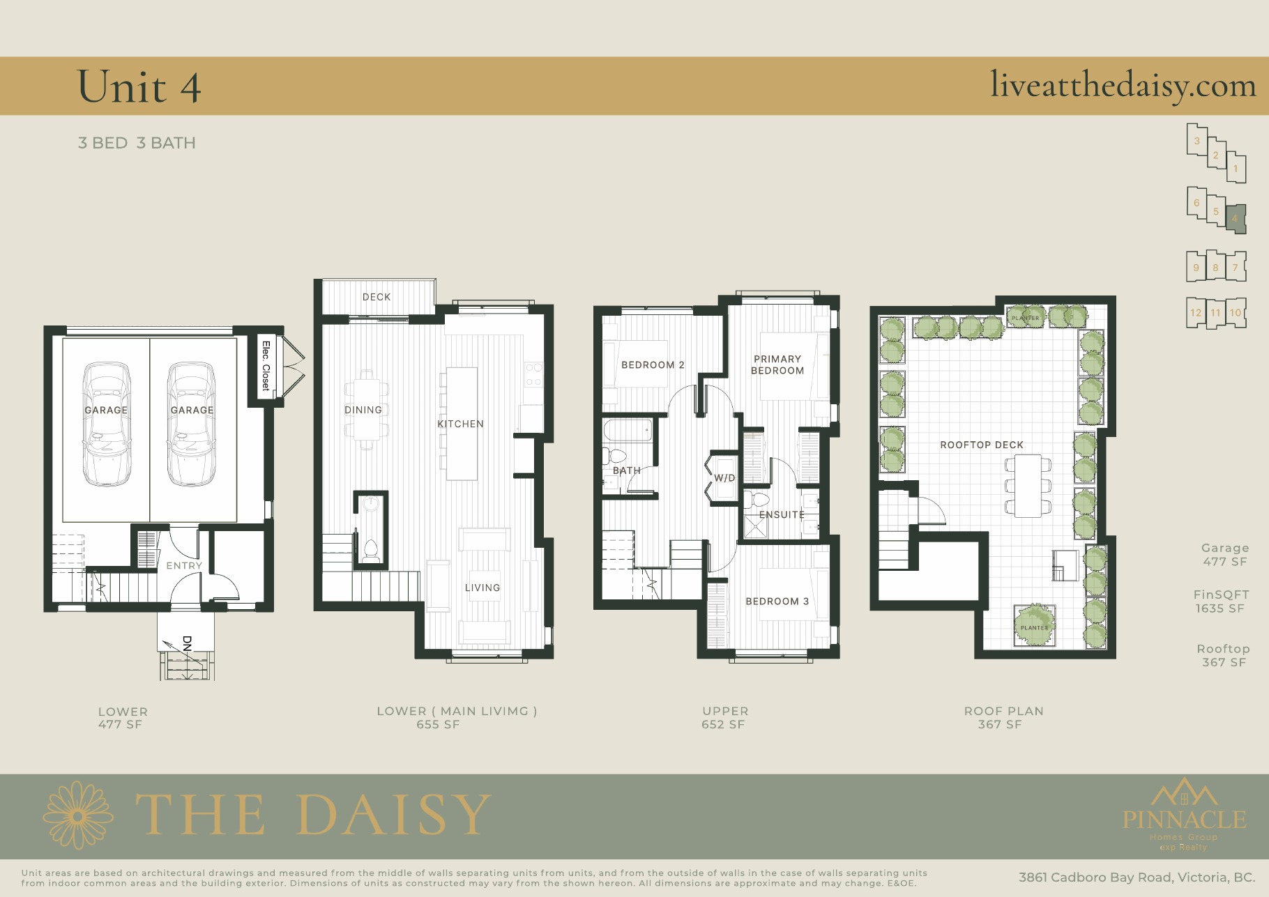 Unit 4 floorplan, three bedrooms across four levels