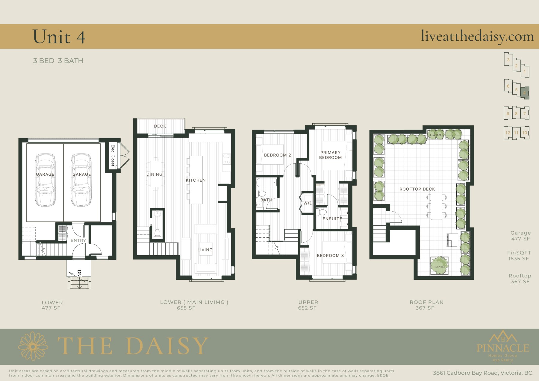 Unit 4 floorplan, three bedrooms across four levels