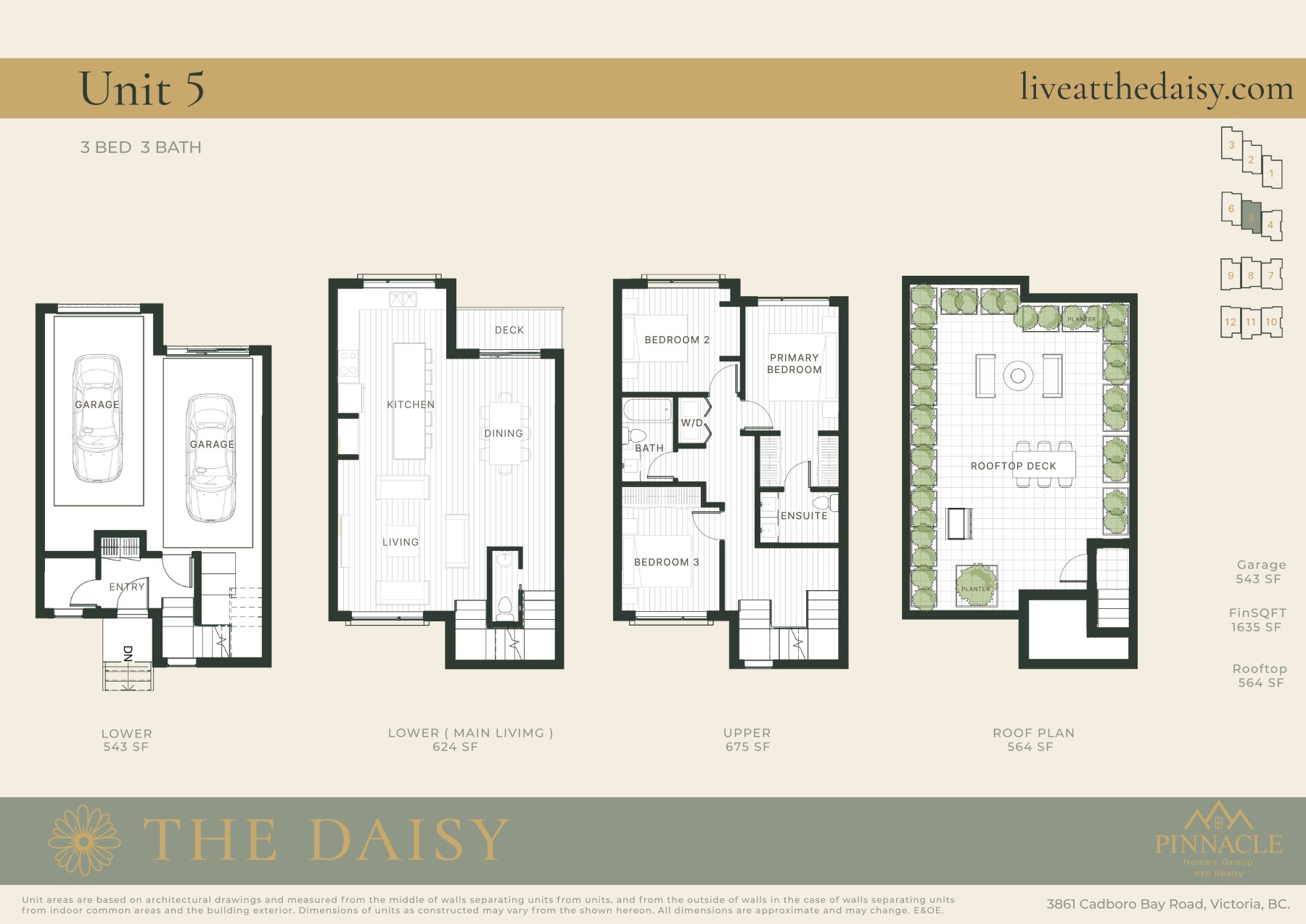 Unit 5 floorplan, three bedrooms across four levels
