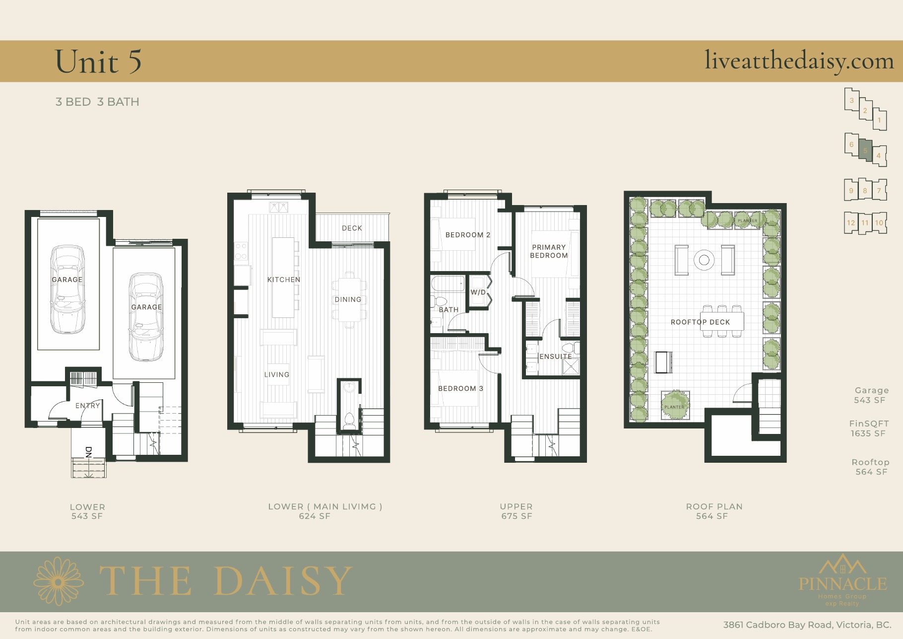 Unit 5 floorplan, three bedrooms across four levels