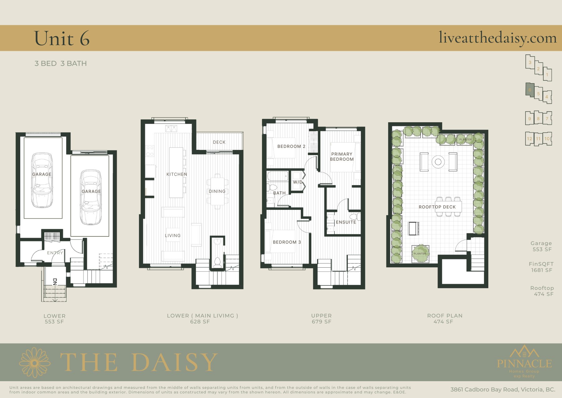 Unit 6 floorplan, three bedrooms across four levels