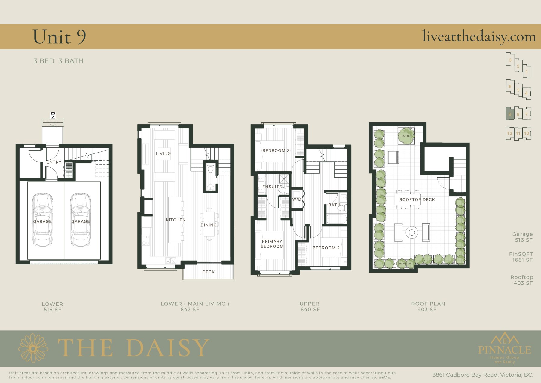 Unit 9 floorplan, three bedrooms across four levels